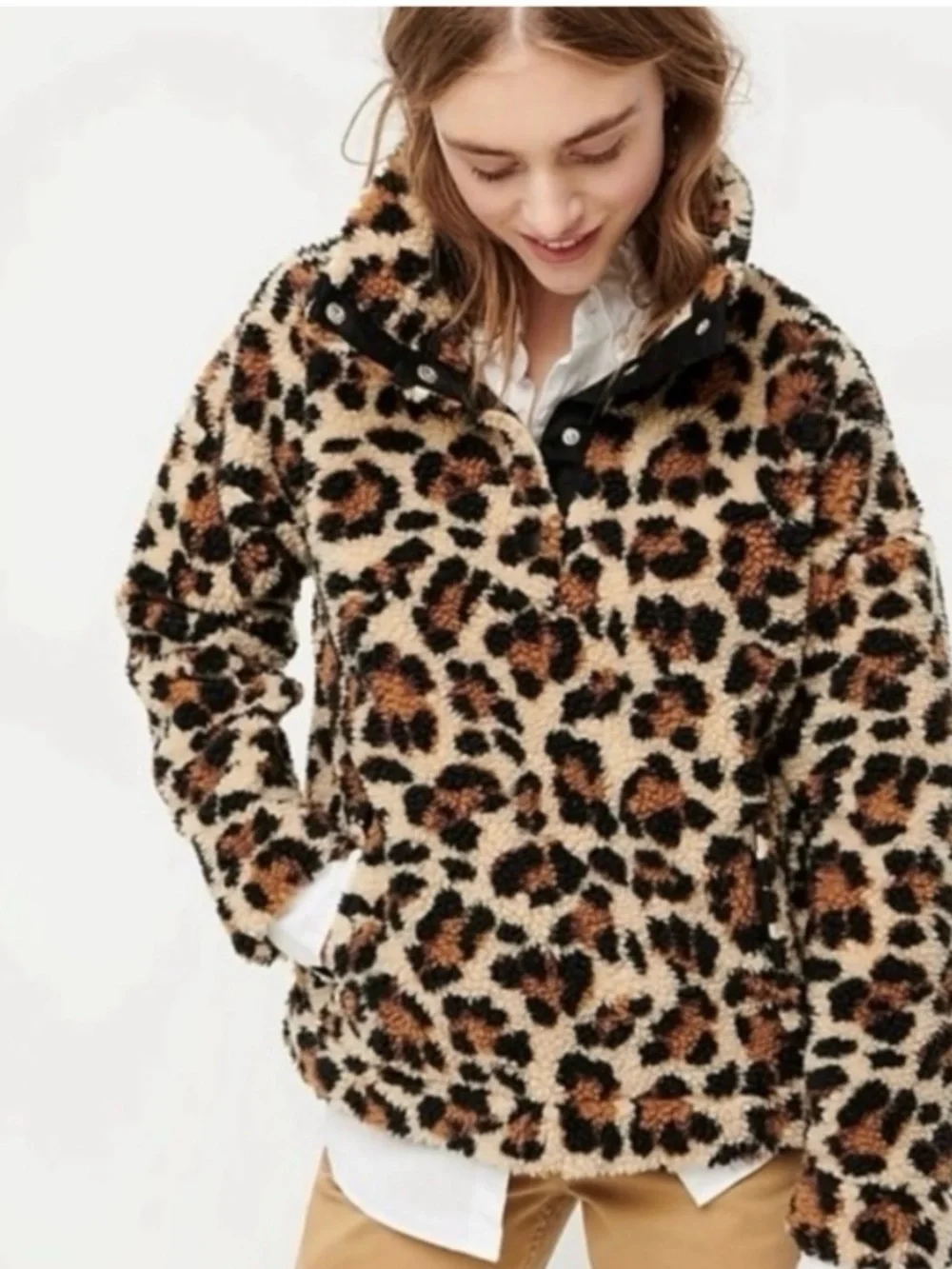 J. Crew Snap-Collar Sherpa Pullover Jacket in Leopard Print